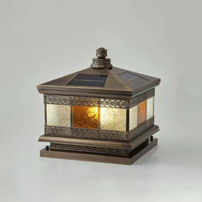 Retro Solar Copper Glass Square Palace Printed Pillar Light