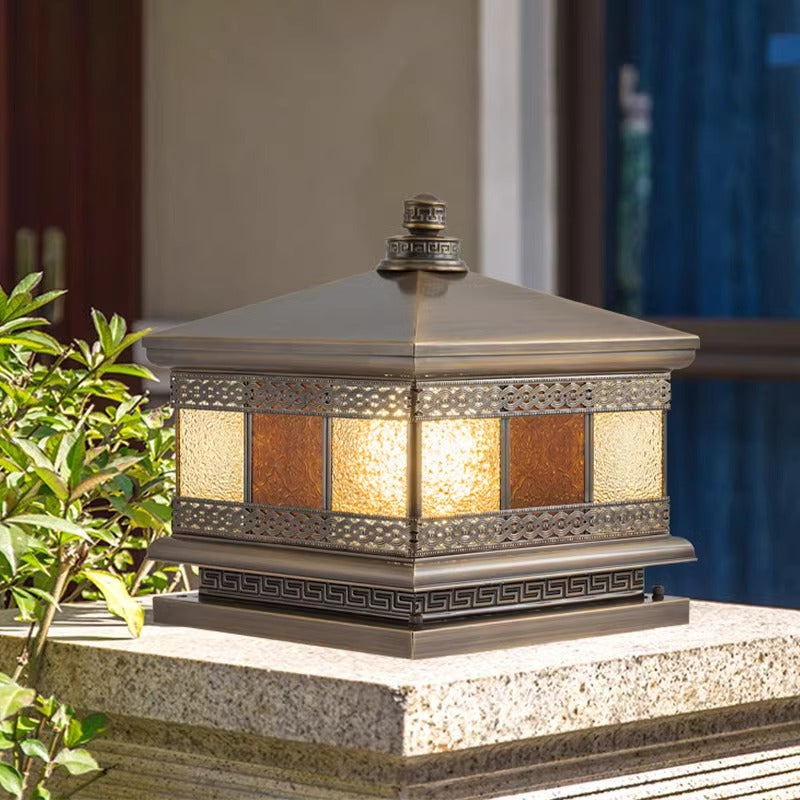 Retro Solar Copper Glass Square Palace Printed Pillar Light