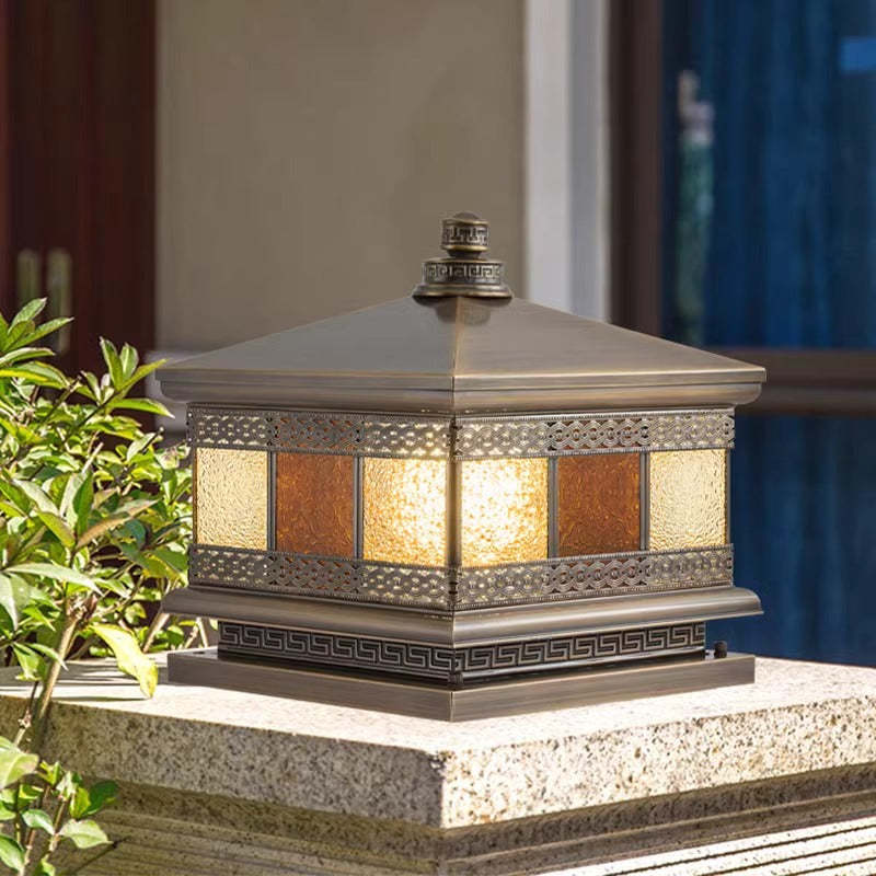 Retro Solar Copper Glass Square Palace Printed Pillar Light