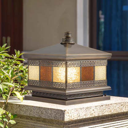 Retro Solar Copper Glass Square Palace Printed Pillar Light
