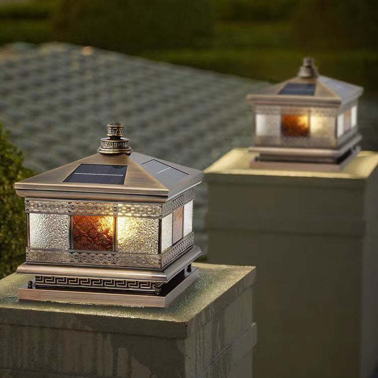 Retro Solar Copper Glass Square Palace Printed Pillar Light
