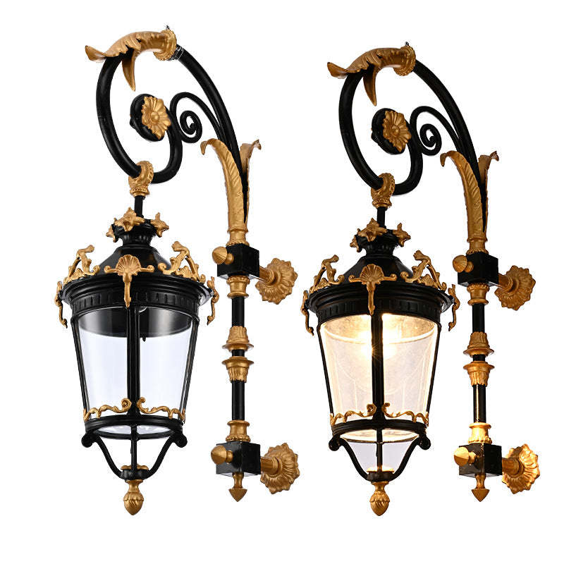 European Aluminum Glass Lantern Carved LED Wall Sconce