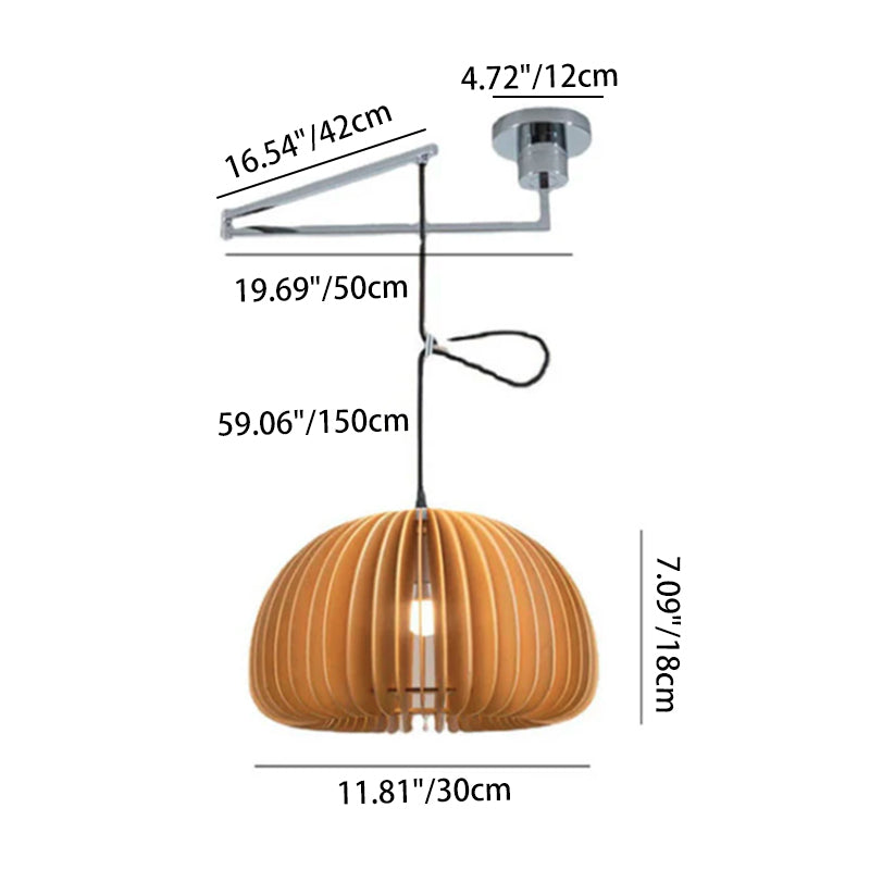 Japanese Minimalist Wooden Pumpkin Swing Arm Pendant Light