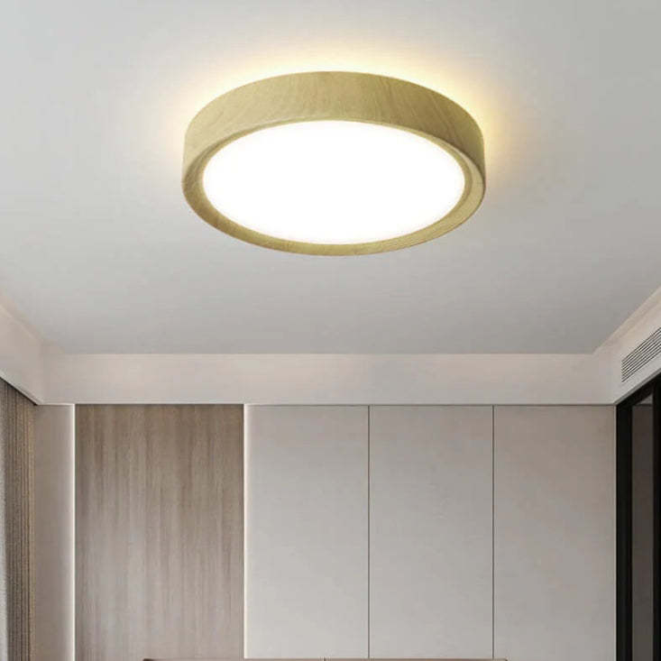 Modern Wood Grain Round Iron LED Flush Mount Light