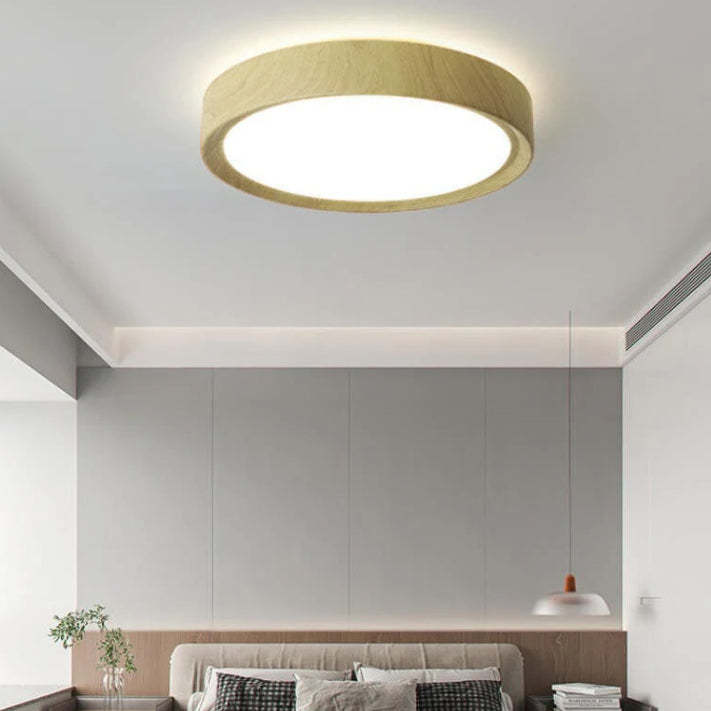Modern Wood Grain Round Iron LED Flush Mount Light