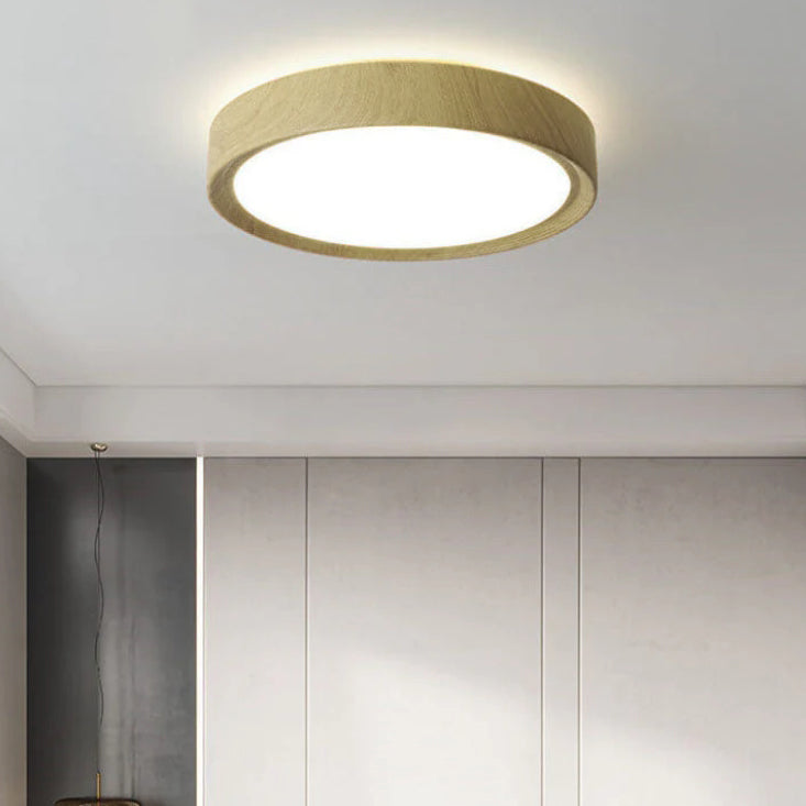 Modern Wood Grain Round Iron LED Flush Mount Light