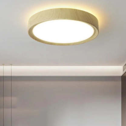 Modern Wood Grain Round Iron LED Flush Mount Light