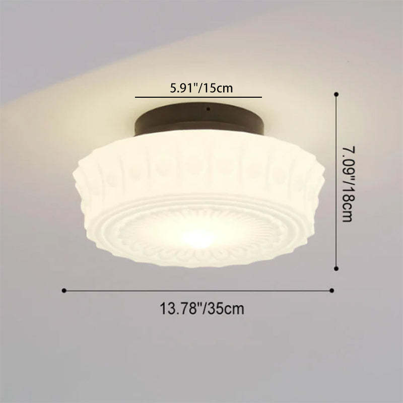 French Vintage White Jade Glass Drum LED Semi-Flush Light
