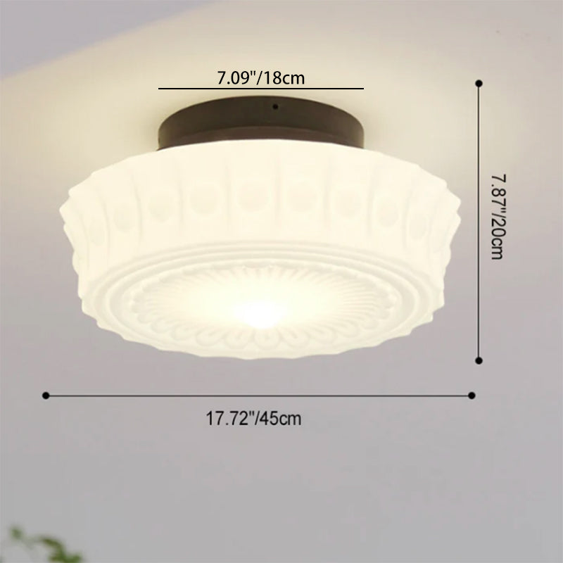 French Vintage White Jade Glass Drum LED Semi-Flush Light