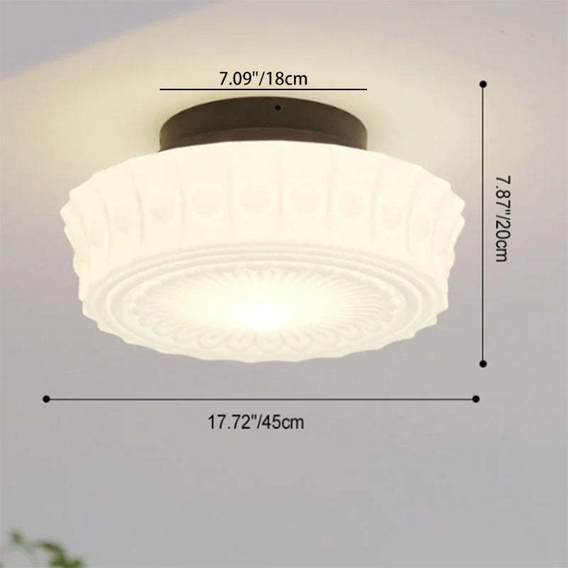 French Vintage White Jade Glass Drum LED Semi-Flush Light