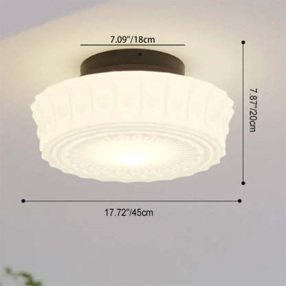 French Vintage White Jade Glass Drum LED Semi-Flush Light