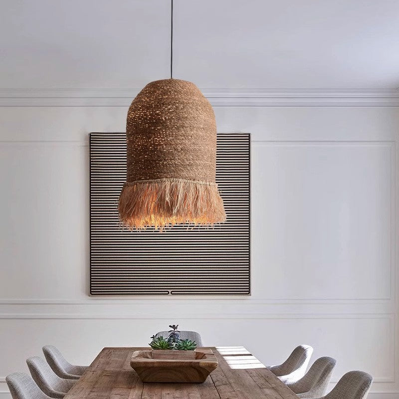 Traditional Rustic Dome Rattan Iron Pendant Light