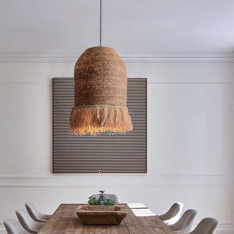 Traditional Rustic Dome Rattan Iron Pendant Light