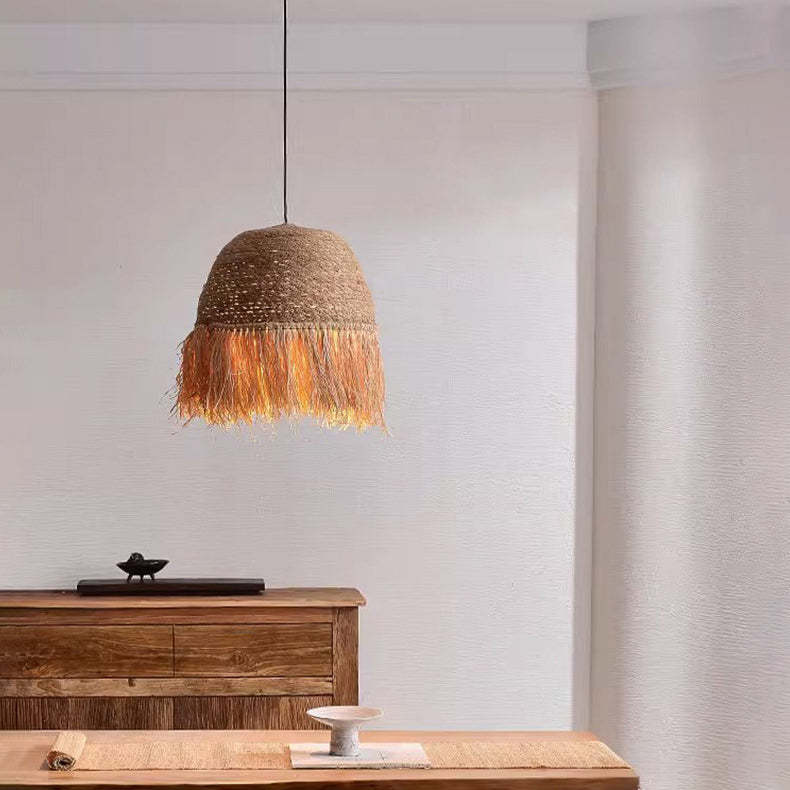 Traditional Rustic Dome Rattan Iron Pendant Light