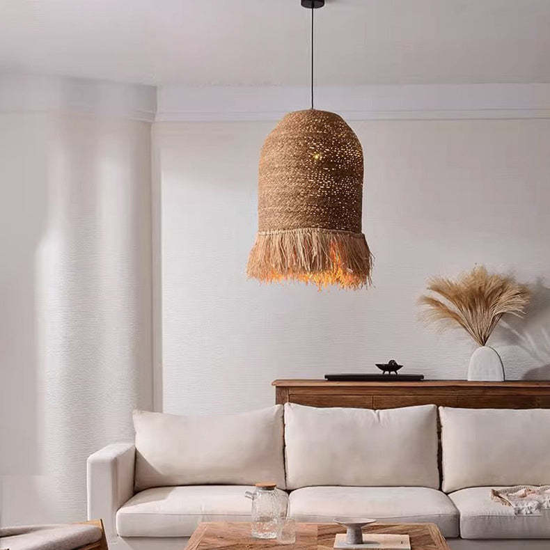 Traditional Rustic Dome Rattan Iron Pendant Light