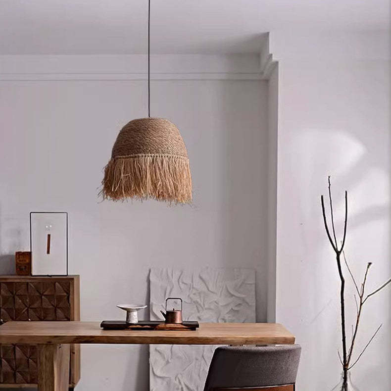 Traditional Rustic Dome Rattan Iron Pendant Light