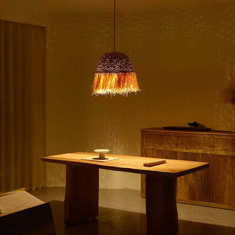 Traditional Rustic Dome Rattan Iron Pendant Light