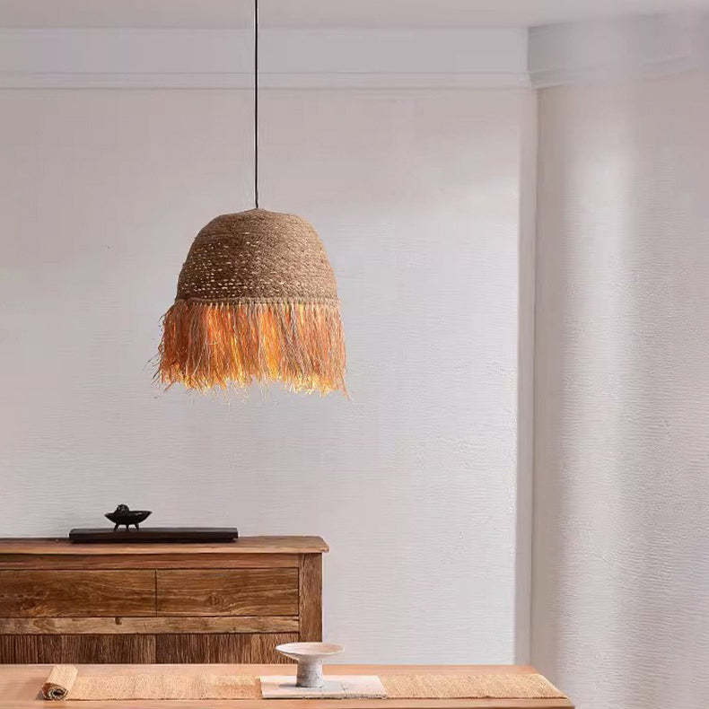 Traditional Rustic Dome Rattan Iron Pendant Light