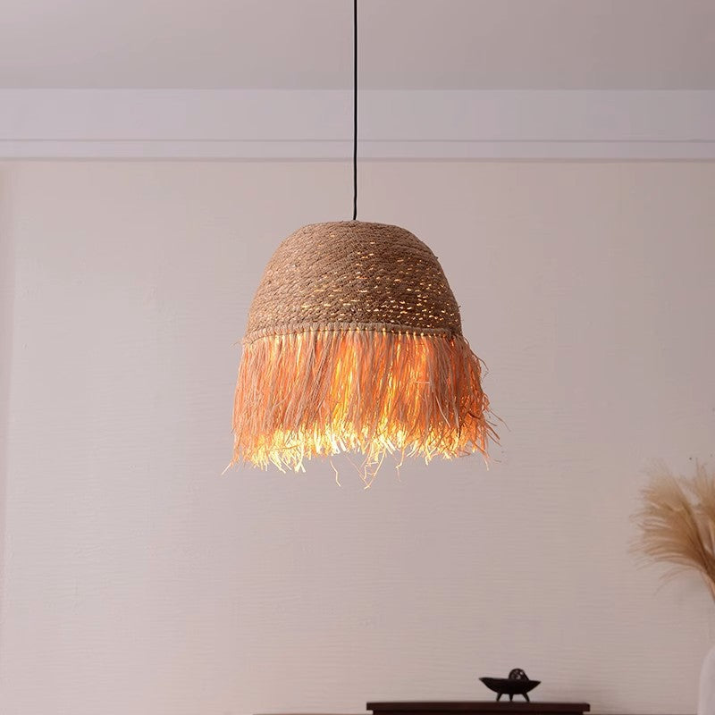 Traditional Rustic Dome Rattan Iron Pendant Light