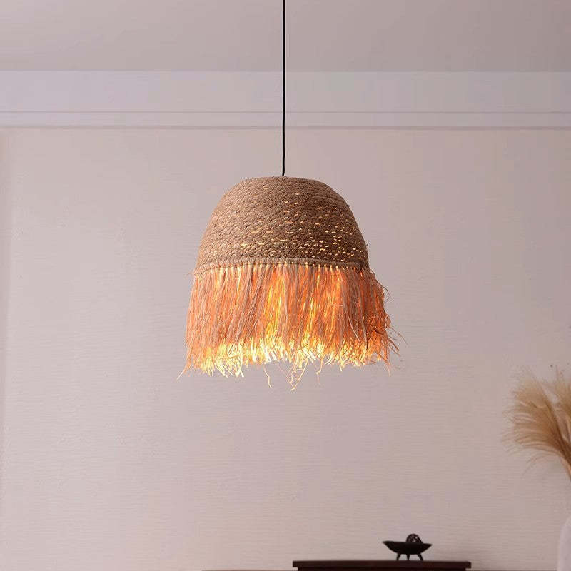 Traditional Rustic Dome Rattan Iron Pendant Light