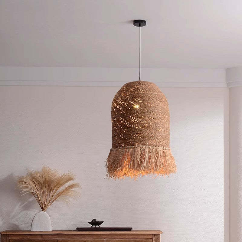 Traditional Rustic Dome Rattan Iron Pendant Light
