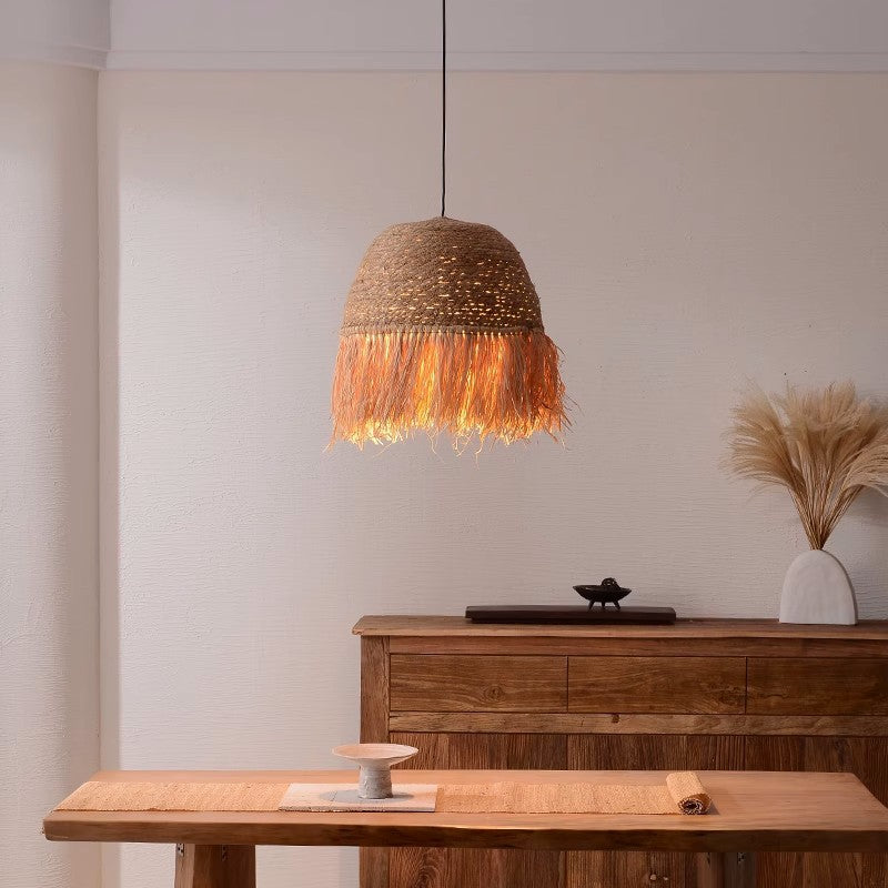 Traditional Rustic Dome Rattan Iron Pendant Light