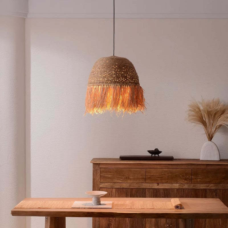 Traditional Rustic Dome Rattan Iron Pendant Light