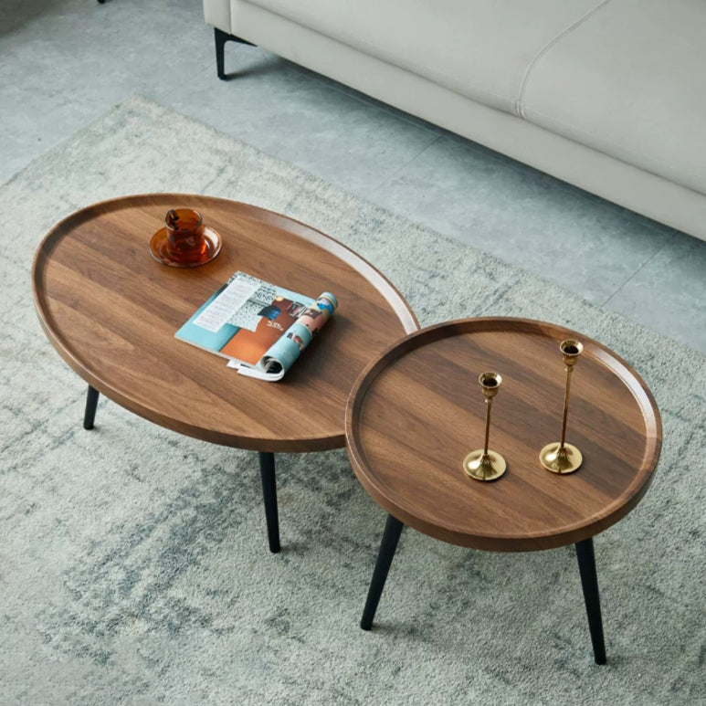 Minimalist Metal Round Coffee Table — Walnut Color