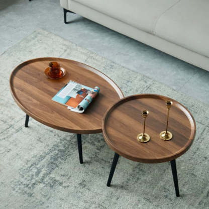 Minimalist Metal Round Coffee Table — Walnut Color