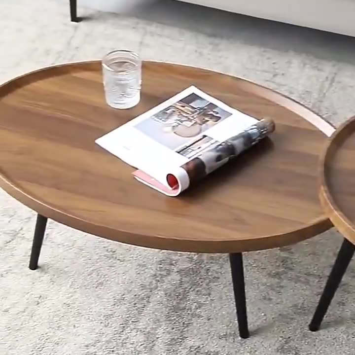 Minimalist Metal Round Coffee Table — Wood Color