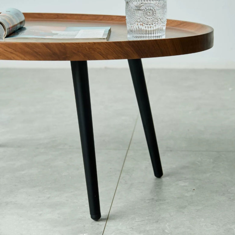 Minimalist Metal Round Coffee Table — Walnut Color