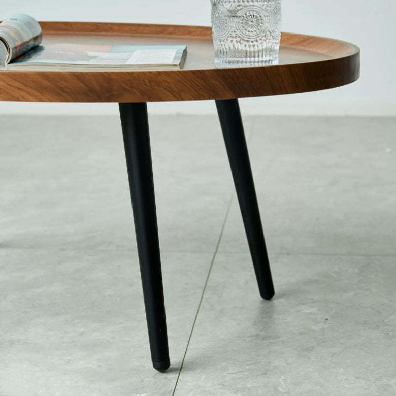 Minimalist Metal Round Coffee Table — Walnut Color