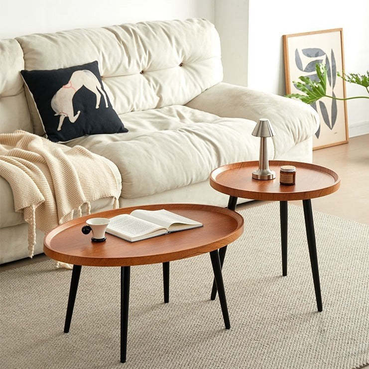 Minimalist Metal Round Coffee Table — Wood Color