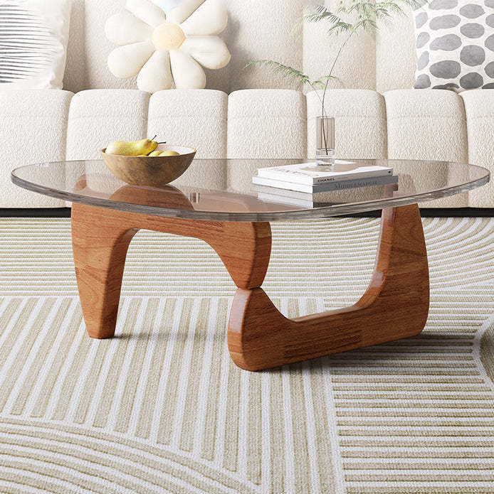 Nordic Tempered Glass Wood Triangular Coffee Table — Walnut Color