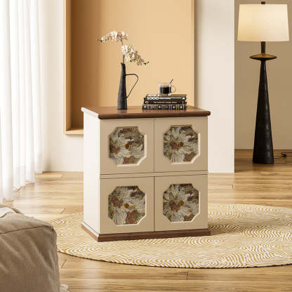 French Solid Wood Floral 2-Storage Rectangular Nightstand — Wood Color