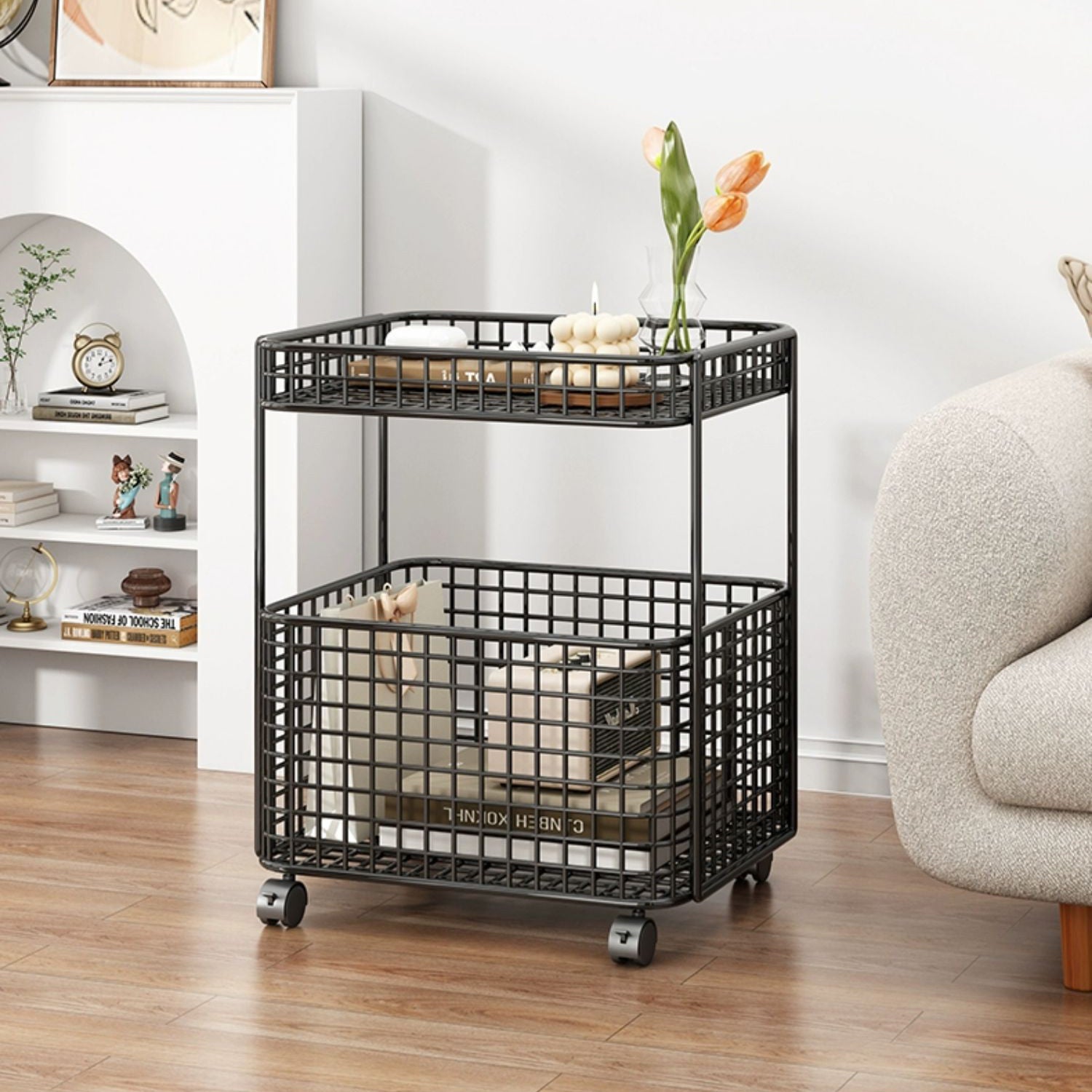 Minimalist Iron Hollow End Table with Wheels — Gold