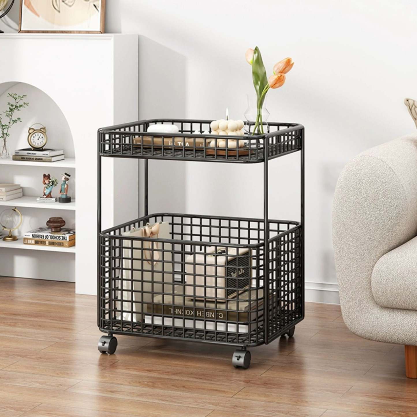 Minimalist Iron Hollow End Table with Wheels — Gold