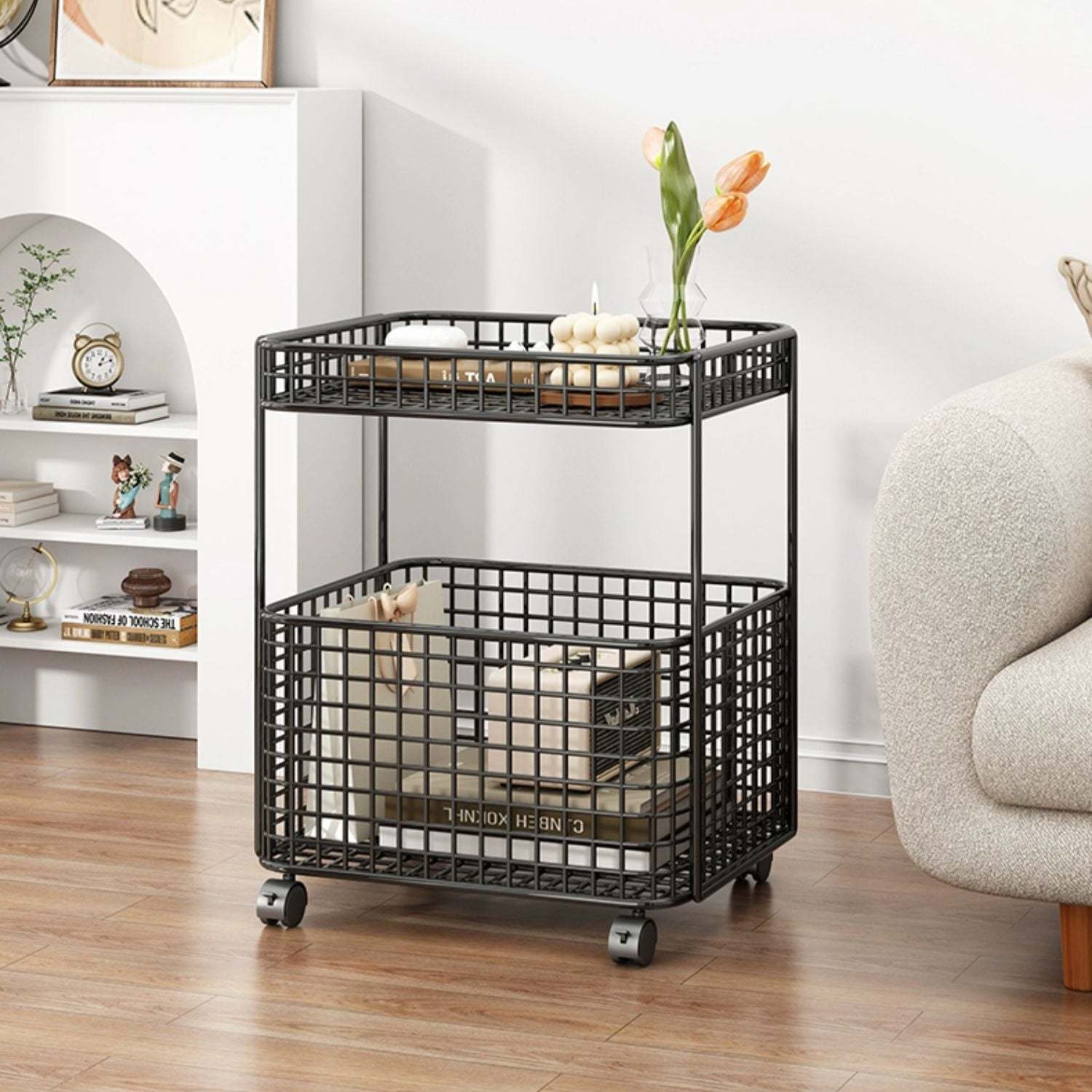 Minimalist Iron Hollow End Table with Wheels — Gold