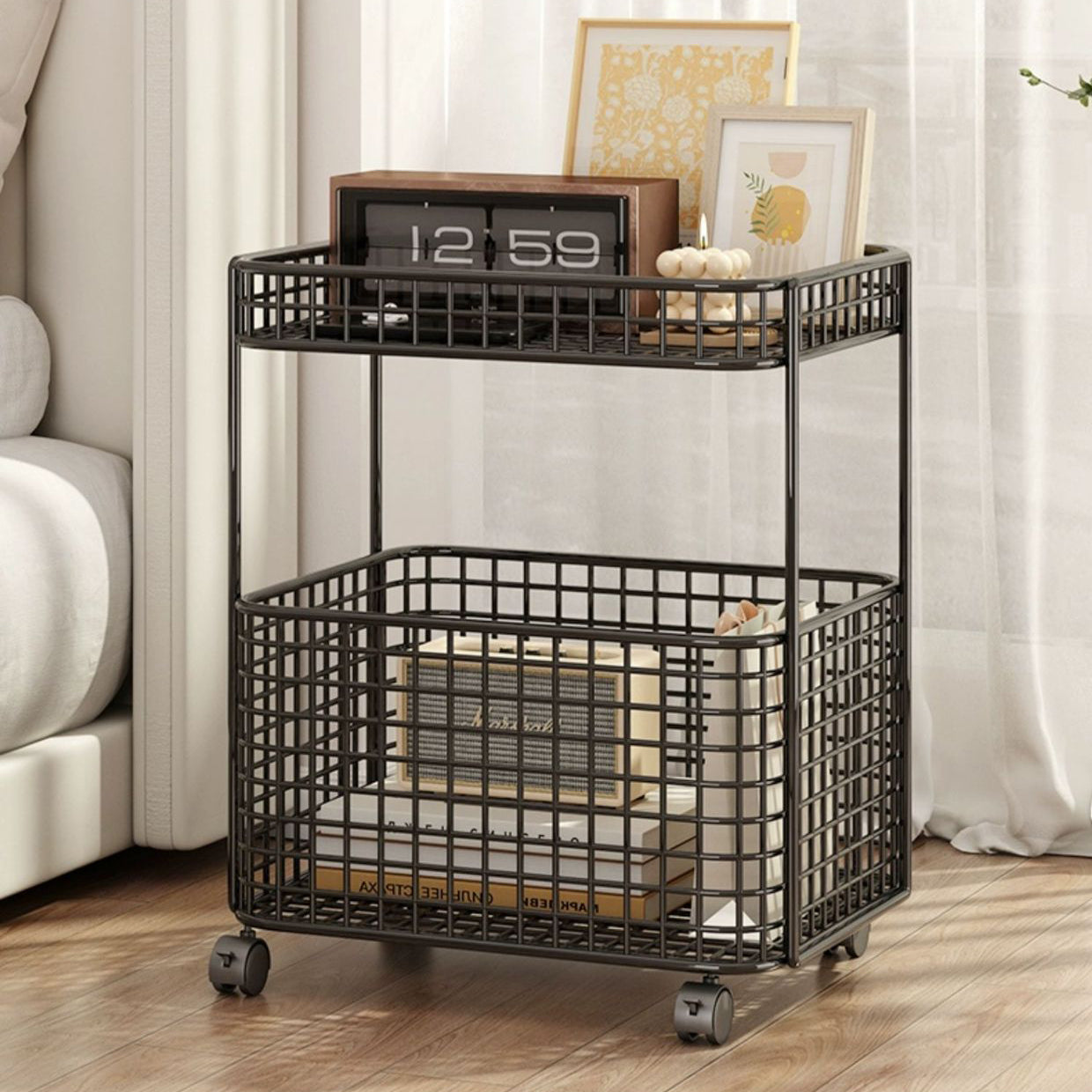 Minimalist Iron Hollow End Table with Wheels
