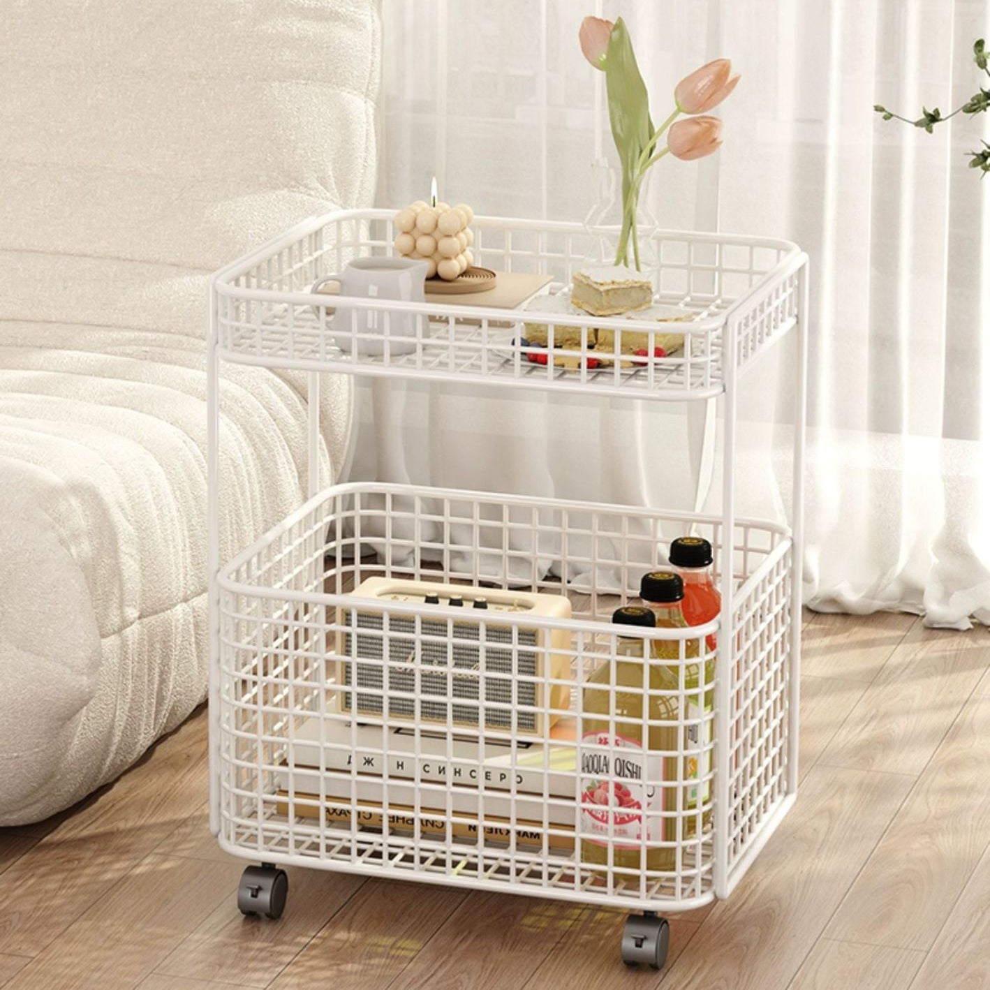 Minimalist Iron Hollow End Table with Wheels — White