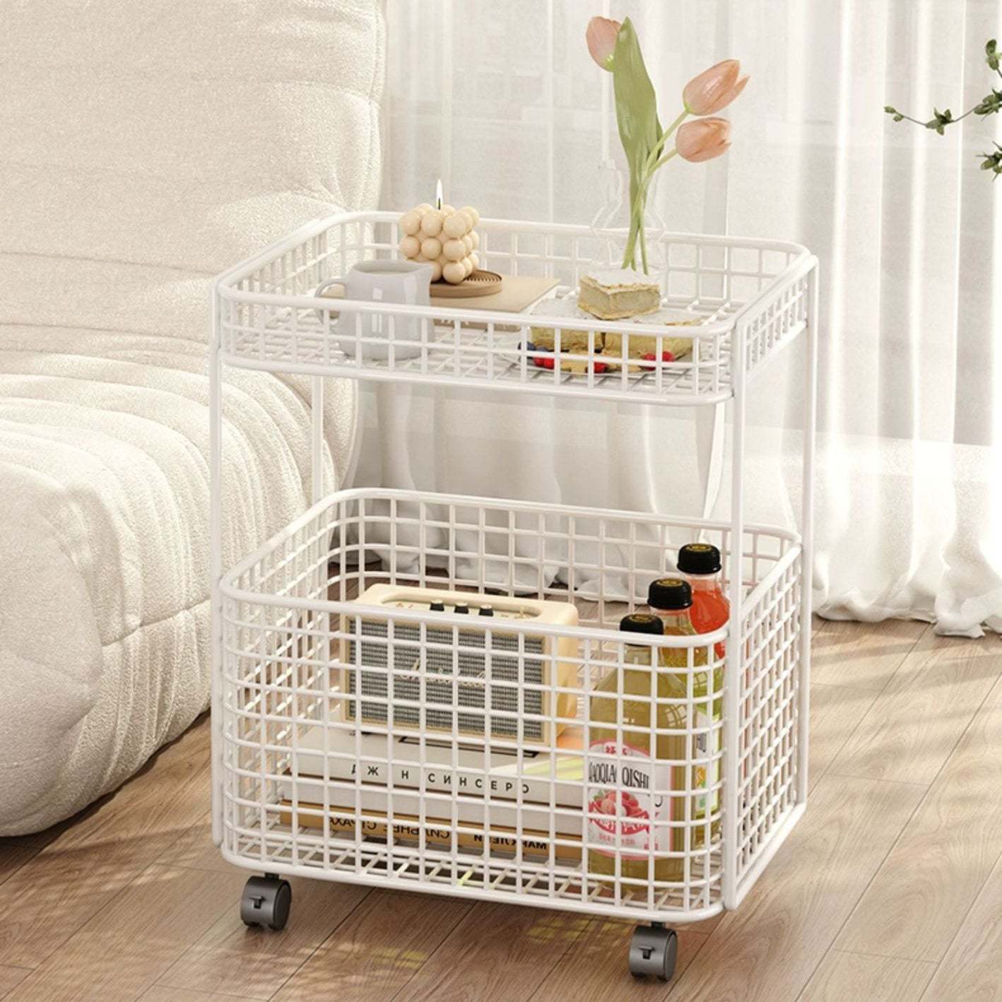 Minimalist Iron Hollow End Table with Wheels — White