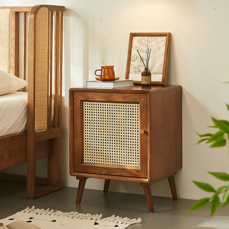 Mid-Century Wood 1-Storage Nightstand — Cherry Wood Color