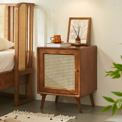 Mid-Century Wood 1-Storage Nightstand — Cherry Wood Color