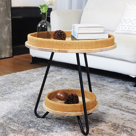 Nordic Iron Rattan Wood 2-Tier Round Coffee Table