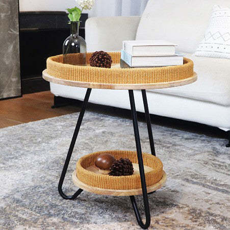 Nordic Iron Rattan Wood 2-Tier Round Coffee Table