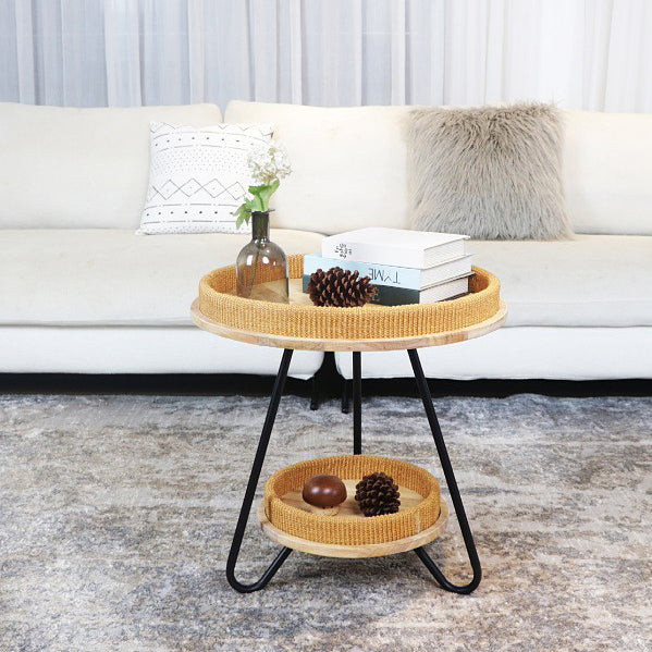 Nordic Iron Rattan Wood 2-Tier Round Coffee Table
