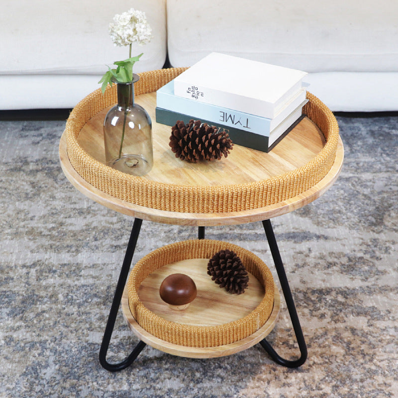 Nordic Iron Rattan Wood 2-Tier Round Coffee Table
