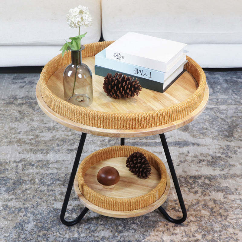 Nordic Iron Rattan Wood 2-Tier Round Coffee Table