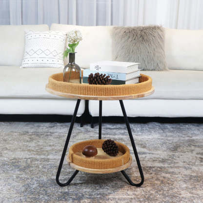 Nordic Iron Rattan Wood 2-Tier Round Coffee Table — Yellow