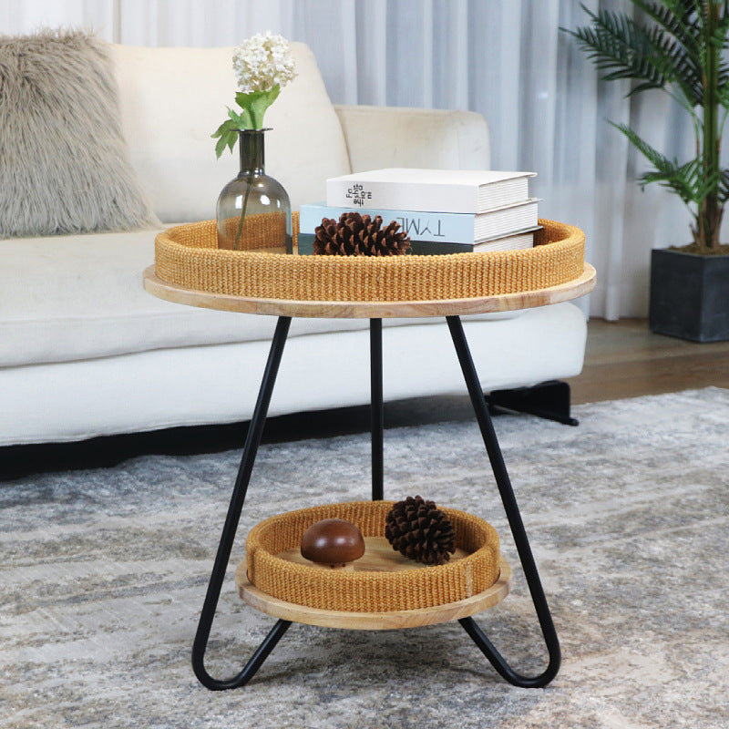 Lighom nordic 2-tier round iron rattan wood coffee tables